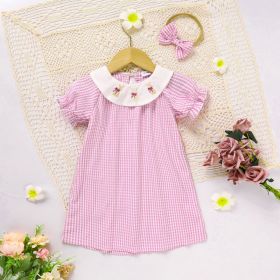 Toddler Girl's Round Neck Short Sleeve Dress, Checkered Pattern With Bunny Bow Embroidery A-Line Summer Dress (Option: Pink-9to12 Month)