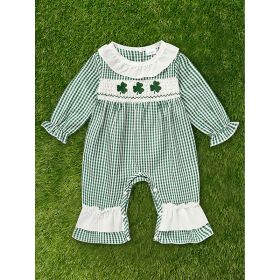 Ewborn Baby Girls Green Plaid Four-leaf Clover Allover Print One-piece Long Sleeve Bodysuit (Option: Green-12to18 Months)
