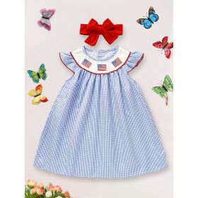 Baby Girls 4th Of July Dress Gingham American Flag White Blue Color Block Independence Day Dresses (Option: Blue-2to3 Years)