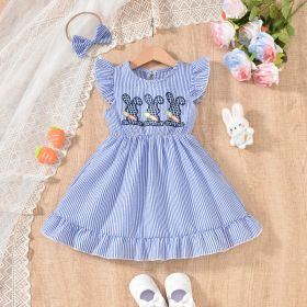 Toddler Girl's Bunny Embroidered Dress, Round Neck Short Sleeve A-Line Dress With Back Button Closure (Option: Blue-12to18 Month)