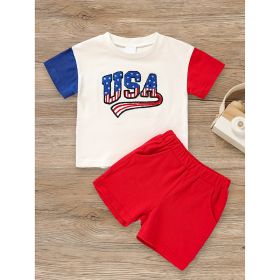 Infant Baby Boy 4th Of July Outfit Set USA Letter Print Color Block T-Shirt & Shorts For Independence Day Celebration (Option: Red-18to24 Months)