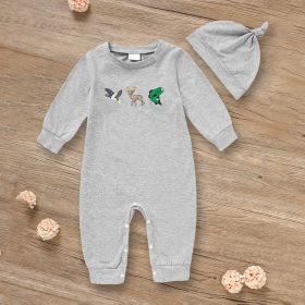Newborn Baby Boy Outfits Long Sleeve Animal Print Romper & Hat 2Pcs Fall Winter Clothes Set (Option: Grey-9to12Months)